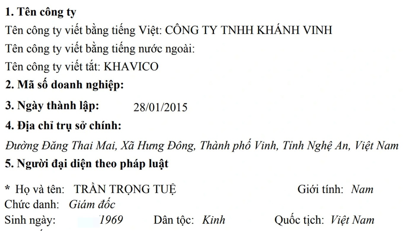 Th&ocirc;ng tin về C&ocirc;ng ty TNHH Kh&aacute;nh Vinh (Ảnh: Chụp m&agrave;n h&igrave;nh).