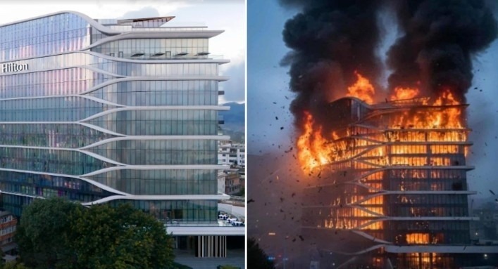 Hình ảnh trên mạng xã hội về việc khách sạn Hilton trước và sau bị thiêu rụi một mặt.