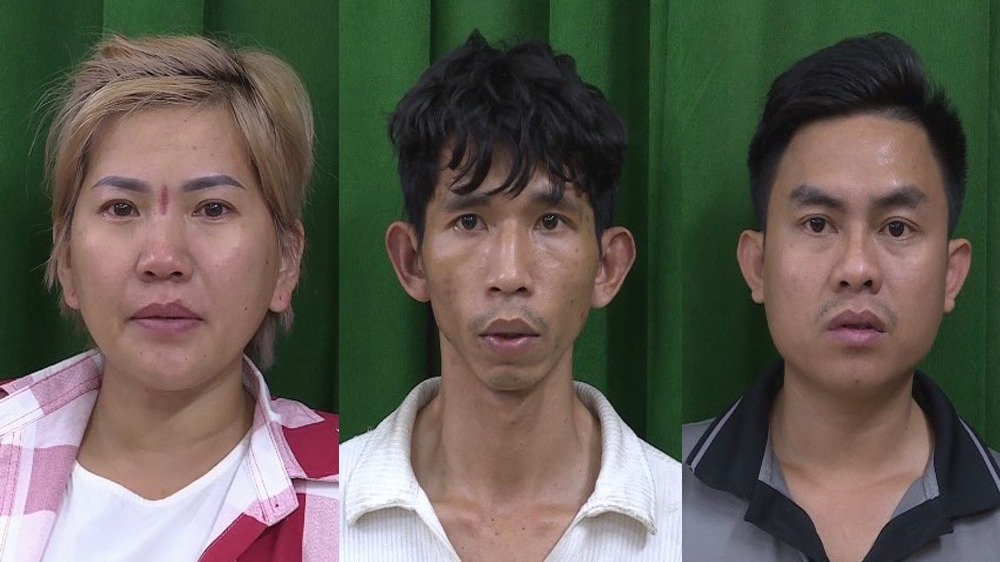 Nhóm 3 đối tượng người Việt giúp sức trong vụ bắt cóc doanh nhân người Trung Quốc (từ trái qua phải) gồm: Lê Thị Bích Xuyên, Huỳnh Văn Toàn và Nguyễn Thanh Vũ. Ảnh: Công an cung cấp