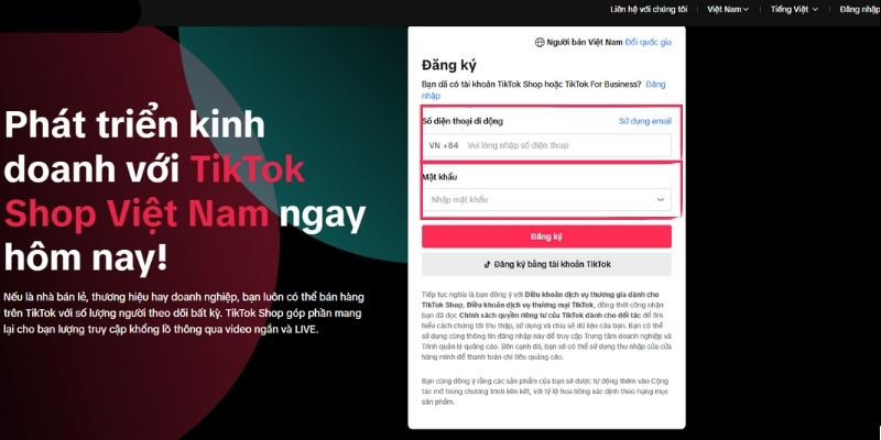 Đăng ký tài khoản để bán hàng là bước tạo giỏ hàng TikTok đầu tiên