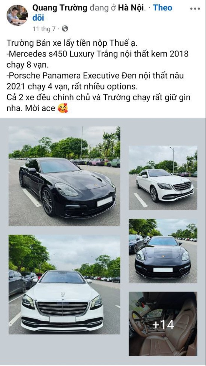Quang Trường từng rao bán xe hồi tháng 7 với lý do "lấy tiền nộp thuế". Qua đó cũng "vô tình flex" mức độ giàu có của bản thân. Ảnh chụp màn hình FBNV