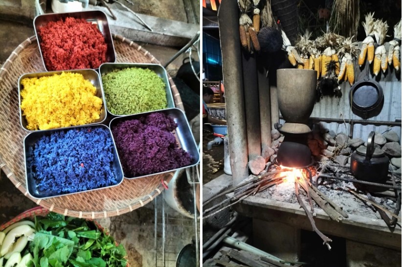 Chị em chị Ngọc Hà chuẩn bị nguyên liệu, nấu nướng các món như xôi ngũ sắc.