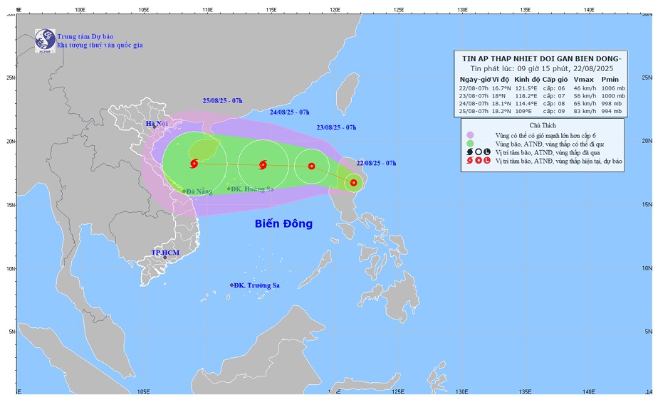 Dự báo hướng di chuyển và cường độ của áp thấp nhiệt đới lúc 09h15 ngày 22/8/2025. Ảnh: Trung tâm Dự báo KTTV quốc gia