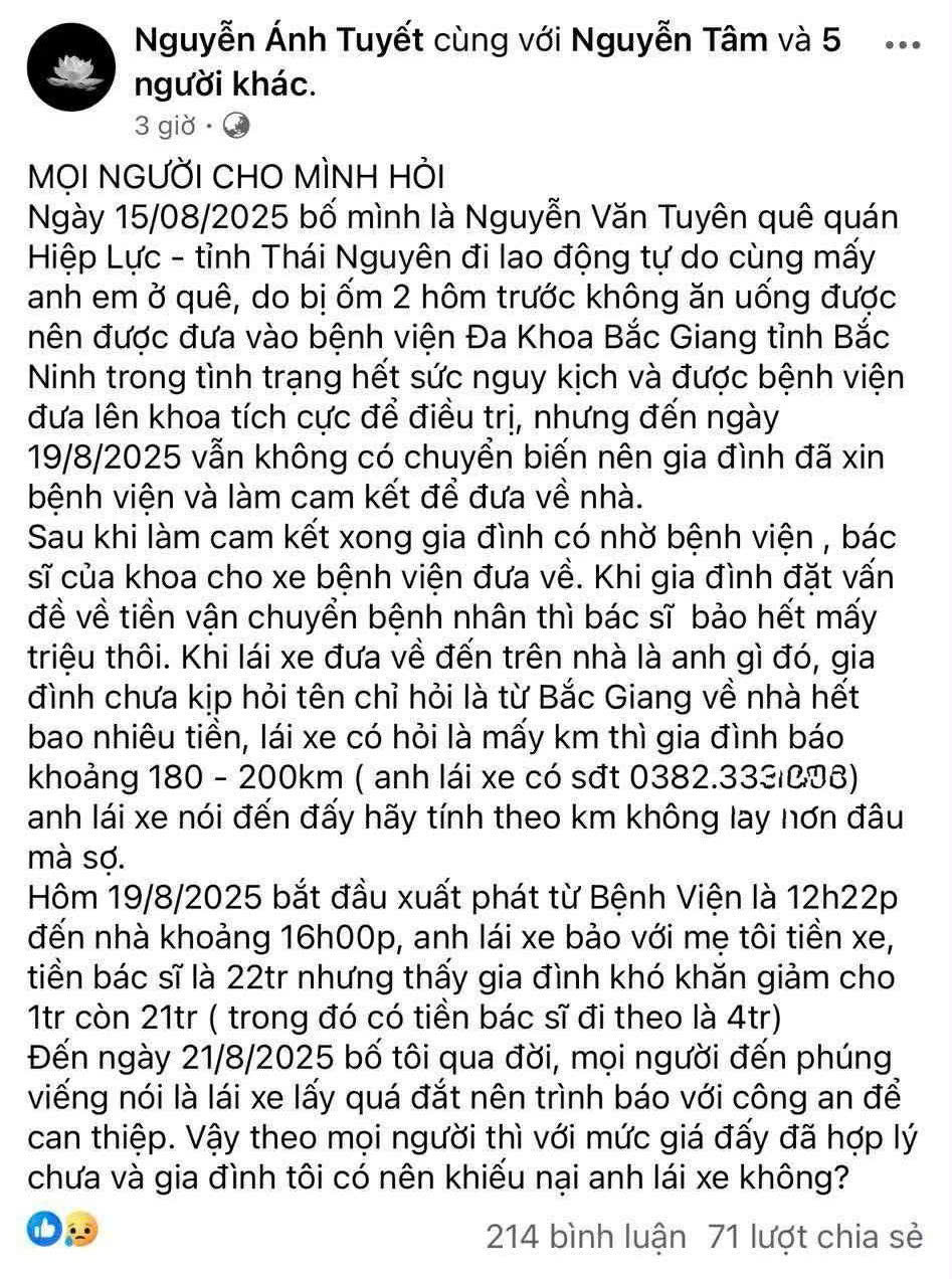 Bài đăng của chị Tuyết trên mạng xã hội thu hút sự chú ý của dư luận.