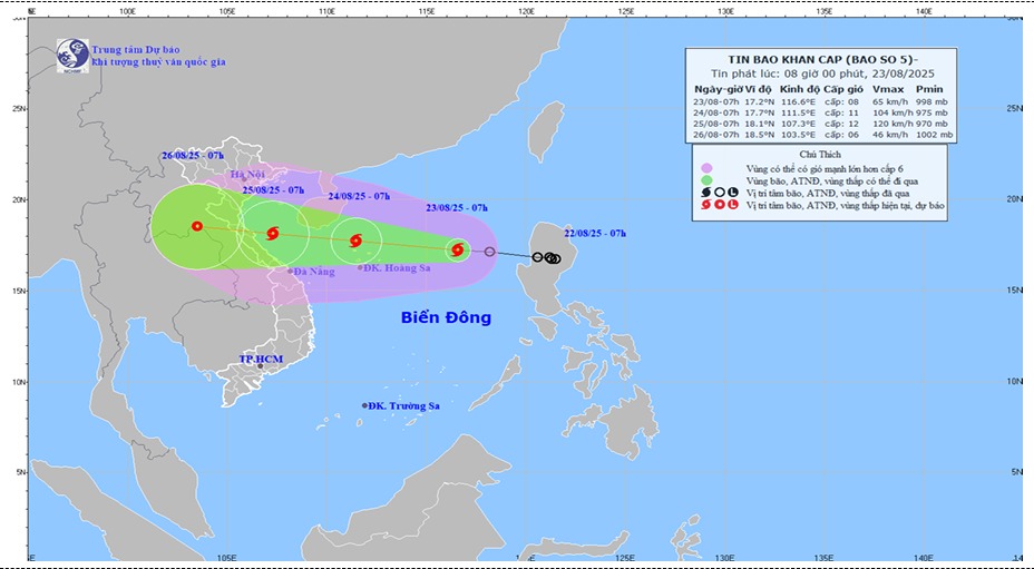 Dự b&aacute;o hướng di chuyển và cường độ bão s&ocirc;́ 5 phát l&uacute;c 8h ng&agrave;y 23/8/2025. Ảnh: Trung t&acirc;m Dự b&aacute;o KTTV quốc gia