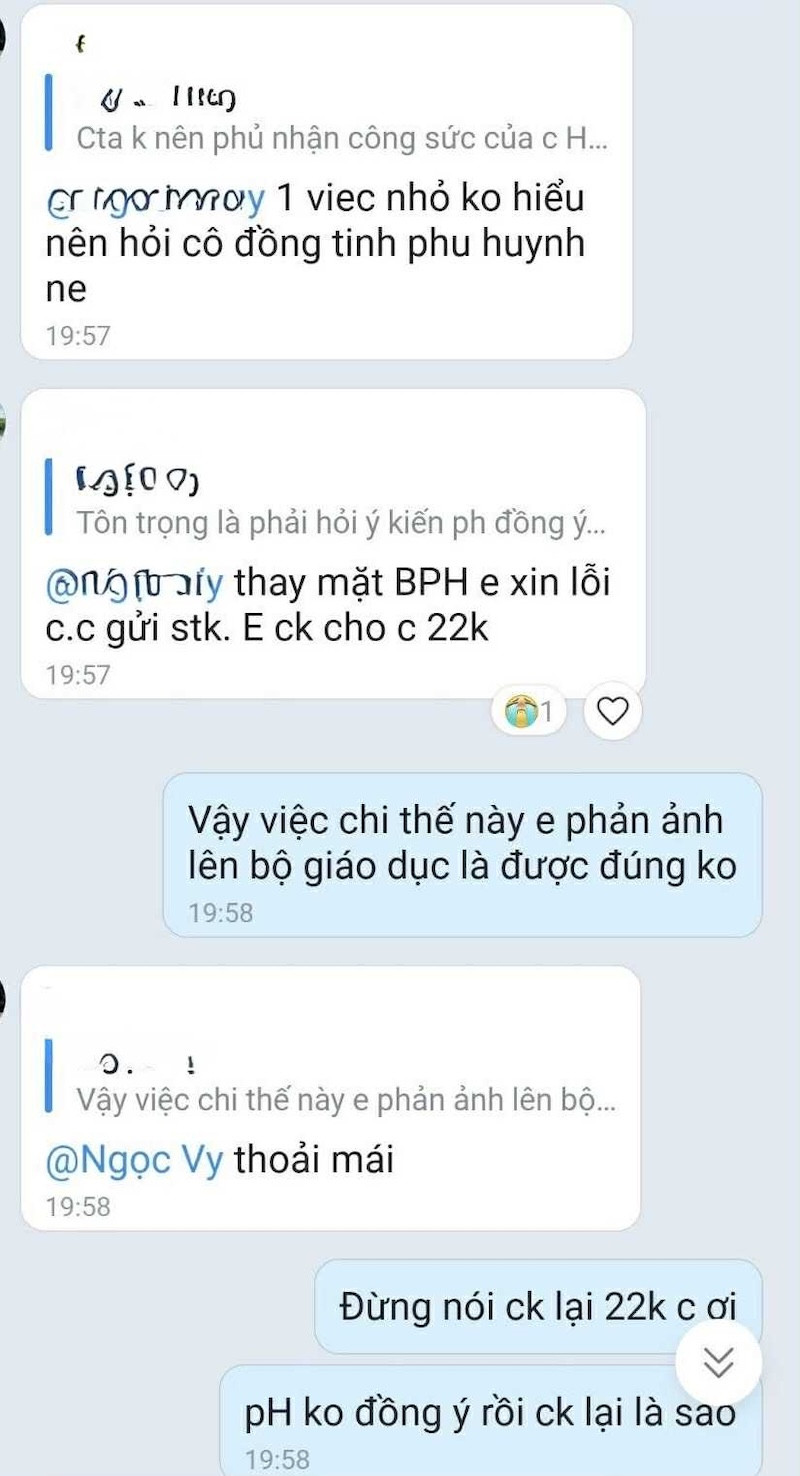 Ban đại diện phụ huynh đòi chuyển trả lại 22.000 đồng. Ảnh chụp màn hình trên Hội phụ huynh TPHCM