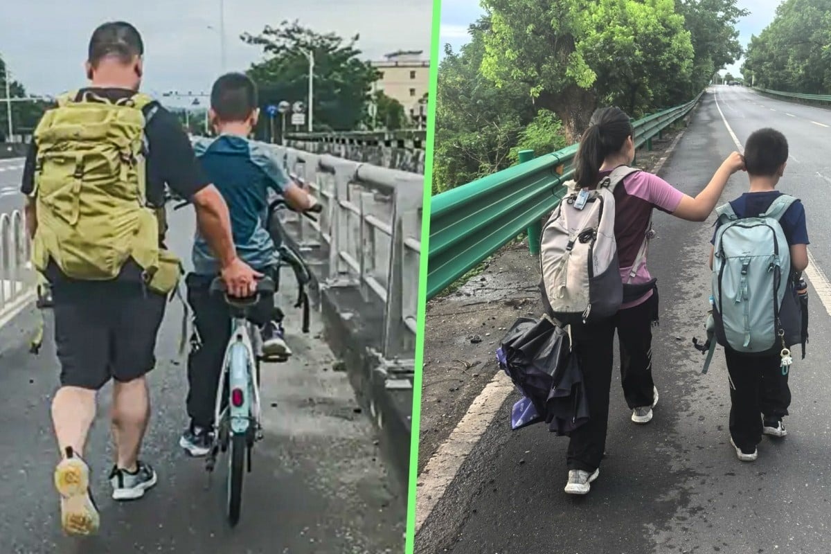 Hai con của ông Wu tự mang balo nặng 5 kg để thực hiện hành trình. Ảnh: SCMP.