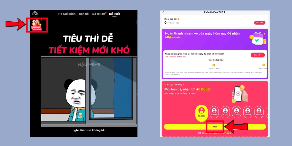 Vào mục Hộp quà và ấn vào Mời để gửi mã cho bạn bè