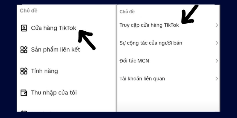 Truy cập cửa hàng TikTok để hệ thống đưa bạn đến trang cài đặt 