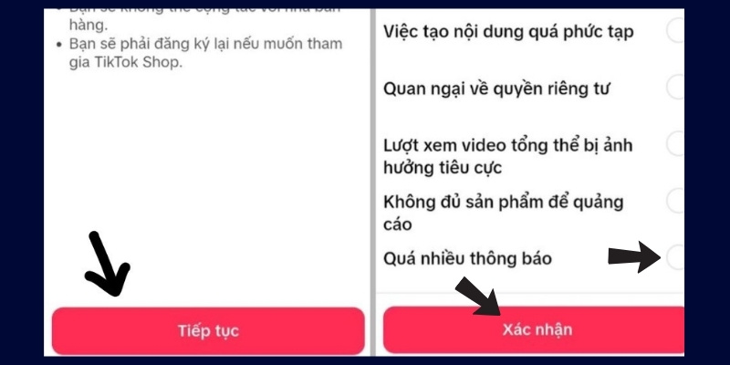 Xác nhận lý do hủy tài khoản TikTok Shop của bạn