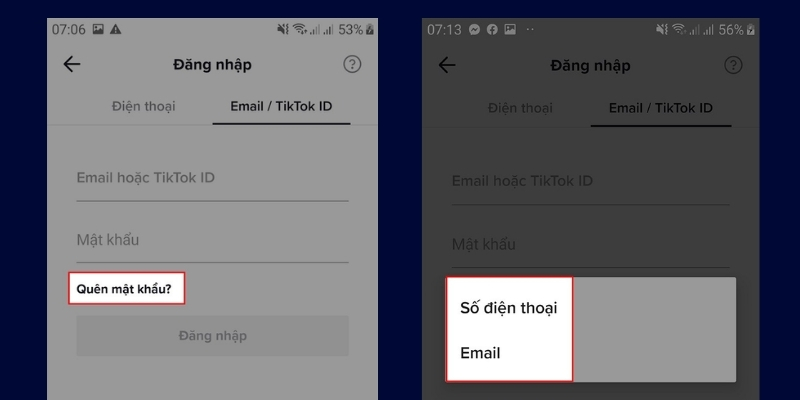 Người dùng có thể chọn quên mật khẩu để đăng nhập bằng cách khác
