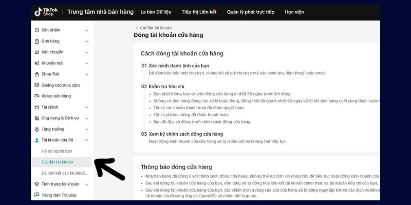 Truy cập seller-vn.tiktok.com, đăng nhập và vào mục Tài khoản của tôi → Cài đặt tài khoản