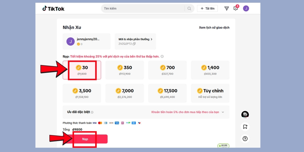 Chọn gói xu mong muốn trước khi nạp xu TikTok